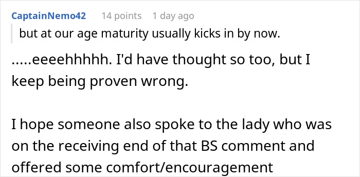 Reddit comment discussing maturity and support after crazy body-shaming comment leading to immediate CFO firing.