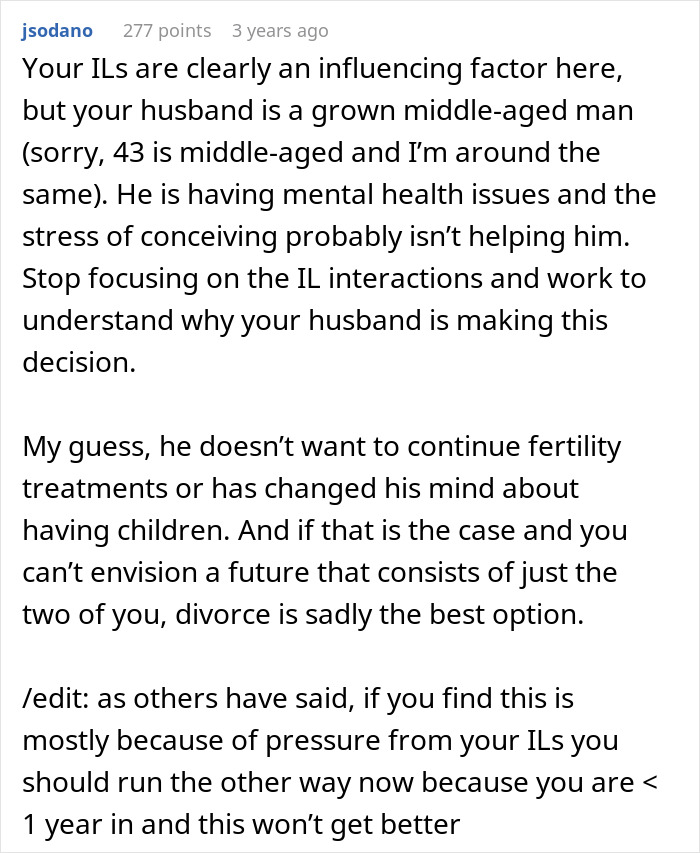 Reddit comment discussing husband&rsquo;s anxiety, IVF stress, and influence of in-laws on divorce decision during fertility treatment.