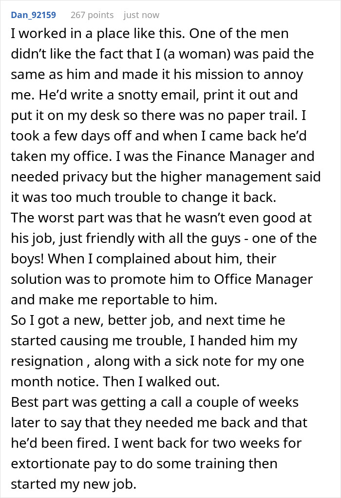 Text post describing an employee quitting amid workplace bullying, highlighting toxic bosses and a disciplinary ambush.