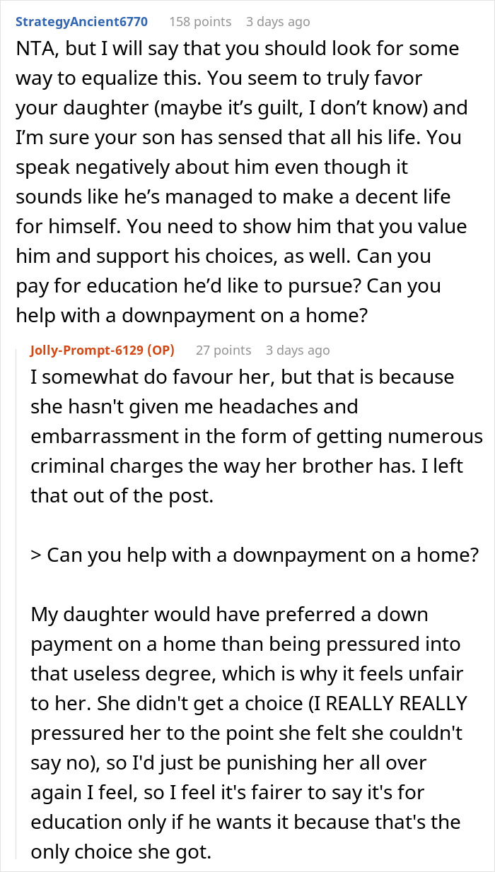Reddit discussion on paying off daughter student loans and family dynamics including favoring one child over another.