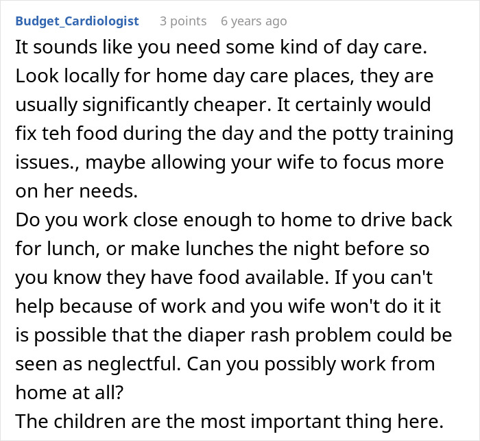 A Reddit comment discussing childcare advice for a husband dealing with wife leaving toddlers behind.