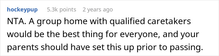 Comment discussing how a group home with qualified caretakers could be the best care option for an autistic orphaned sibling.