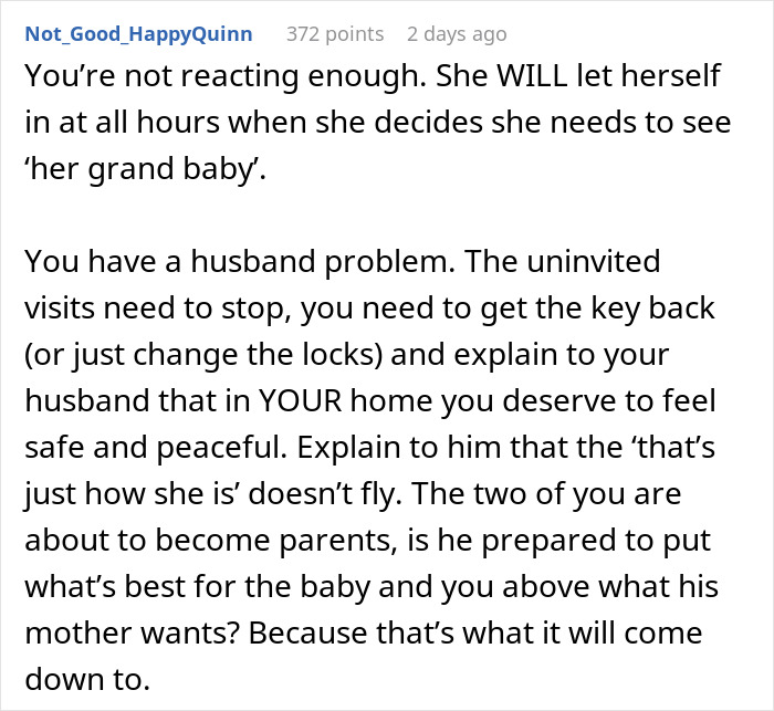 Text comment about a creepy mother-in-law watching pregnant daughter-in-law sleep and reactions to bedroom lock.