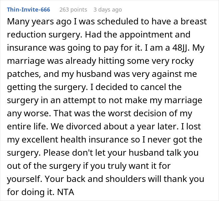 Text post about a man giving his wife an ultimatum over breast reduction surgery and its impact on their marriage.