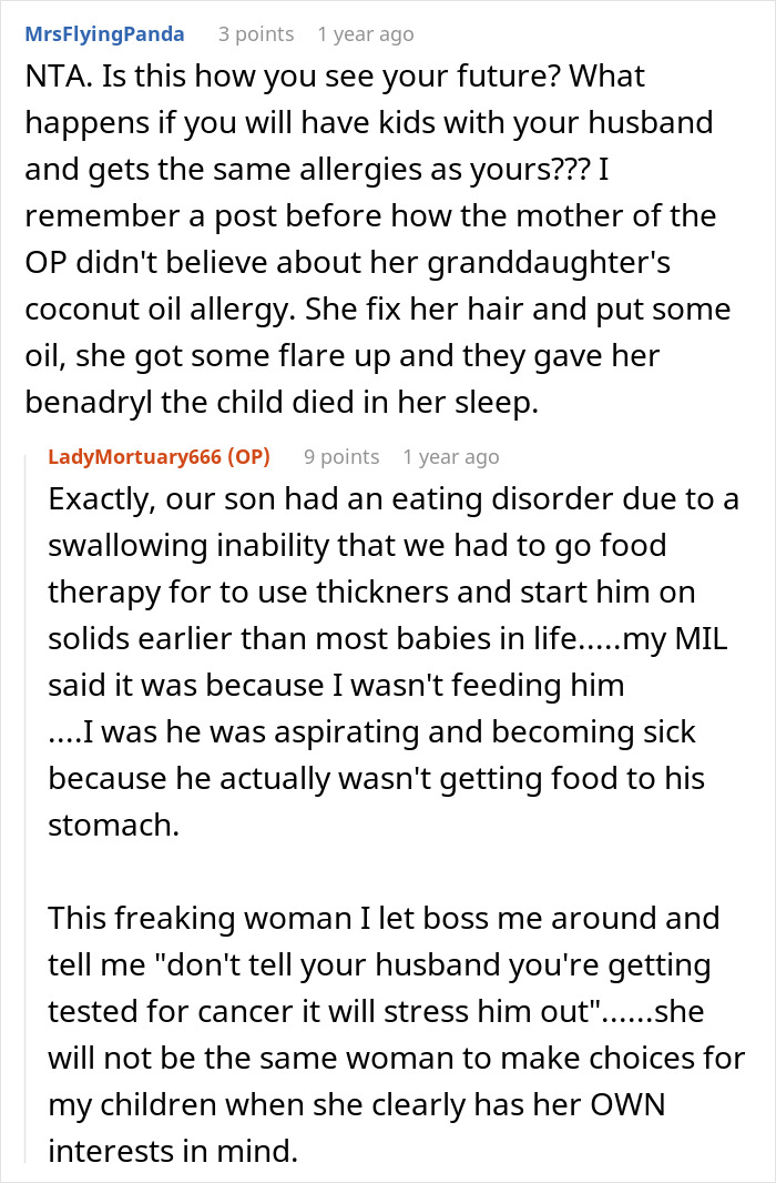 Screenshot of a Reddit conversation where a woman criticizes her MIL for ignoring allergy risks and causing stress. Screenshot of a Reddit conversation where a woman criticizes her MIL for ignoring allergy risks and causing stress.
