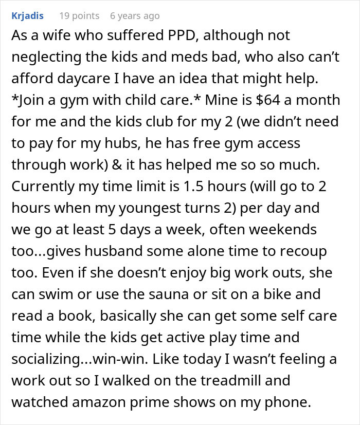 Comment from a wife about struggling with postpartum depression and sharing a gym childcare solution to support self-care and parenting.