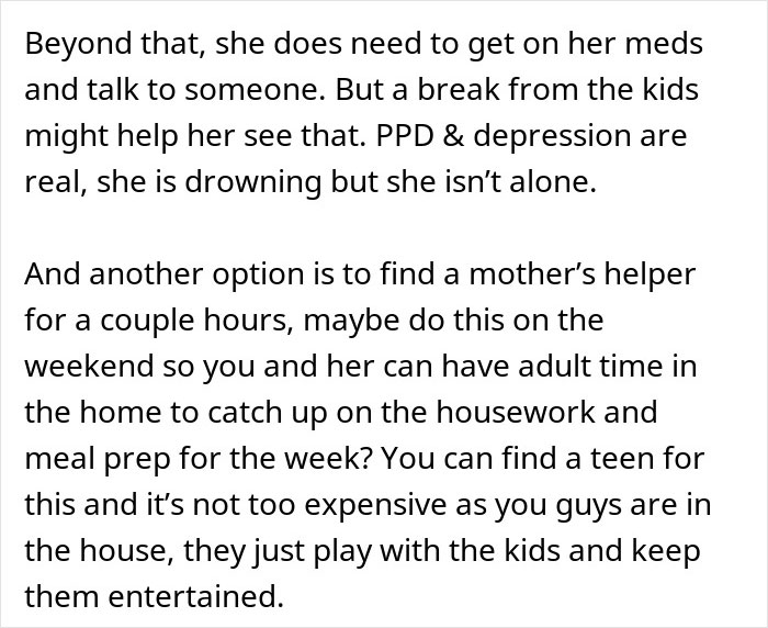 Text discussing postpartum depression and finding a mother&rsquo;s helper to support wife and toddlers at home.