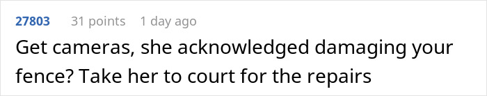 Comment discussing a neighbor admitting her mom drilled holes in fence to spy, with advice about legal action for fence repairs.