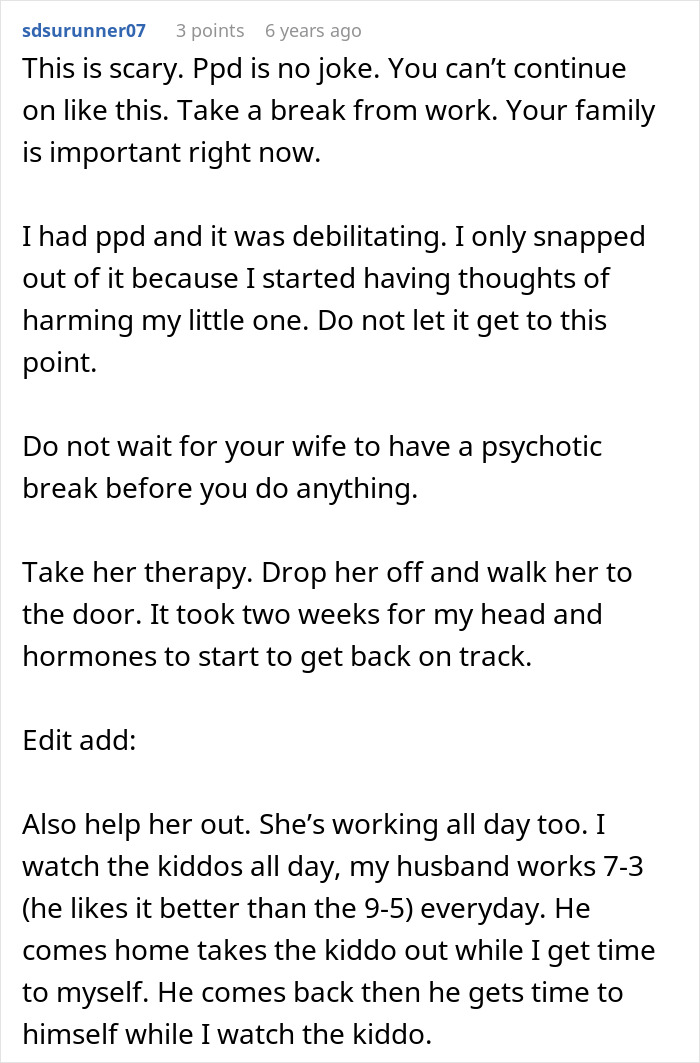 Comment detailing the struggle of postpartum depression and the need for family support after a wife leaves toddlers behind.
