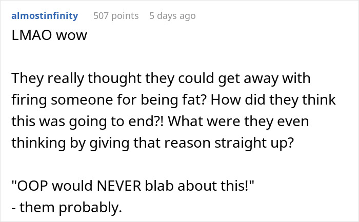 Screenshot of an online comment discussing a new manager saying an overweight woman is unfit to see clients.