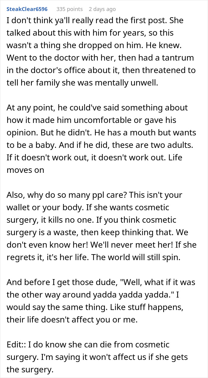 Comment discussing husband giving wife an ultimatum over plastic surgery and relationship challenges.