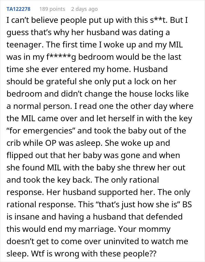 Comment discussing a creepy MIL watching pregnant DIL sleep and the tension over bedroom locks and boundaries.