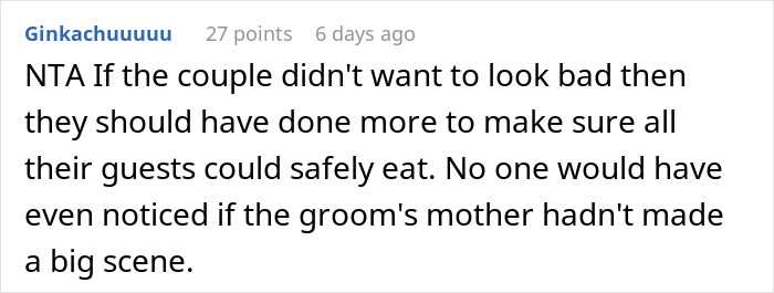 Comment discussing drama when a couple can&rsquo;t accommodate a friend&rsquo;s diet at the wedding.