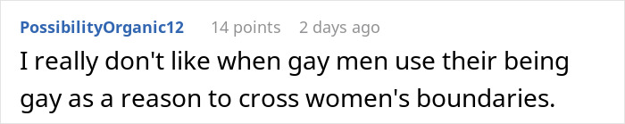 Comment expressing discomfort with gay men using women's restroom, discussing boundaries and safety concerns.