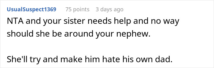 Screenshot of a Reddit comment discussing a woman forbidding her brother-in-law from talking to her, affecting nephew visitation.