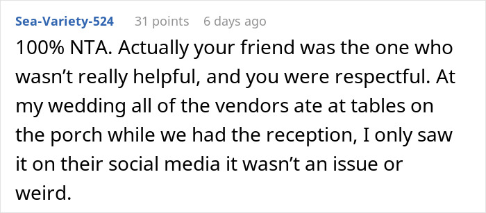 Screenshot of a forum comment discussing drama when a couple can&rsquo;t accommodate a friend&rsquo;s diet at their wedding.