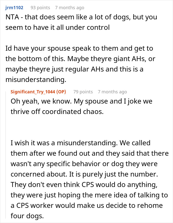Reddit discussion about person losing sleep over potential CPS call as spouse's parents disapprove of dogs in the house.