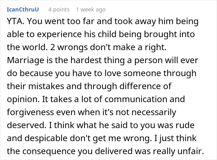 Comment discussing a husband calling his pregnant wife disgusting and ignoring their baby after being called out.