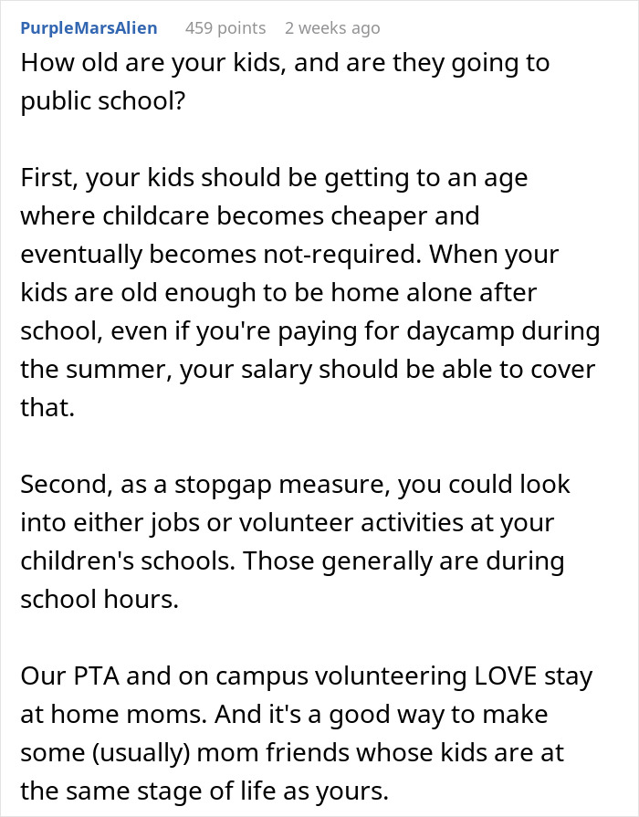 Comment discussing childcare costs and school volunteering advice for a hurt working mom with an ignorant husband.