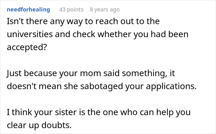 Text post discussing a woman learning the truth about why she never got to study abroad and family doubts. Text post discussing a woman learning the truth about why she never got to study abroad and family doubts.