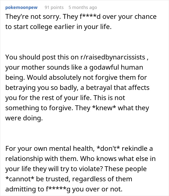 Comment expressing anger over a mother hiding college acceptance letters from least favorite kid, discussing narcissistic behavior.