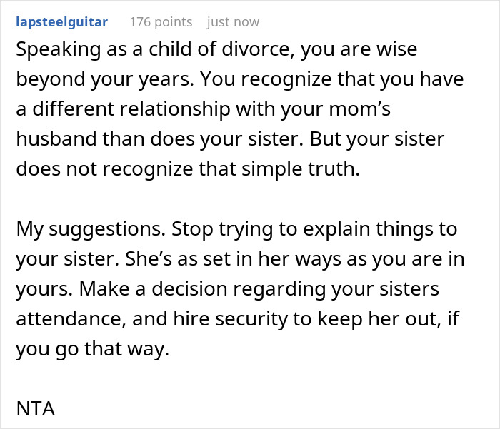 Comment discussing a bride refusing mom&rsquo;s hubby to walk her down the aisle amid sister&rsquo;s conflict and family dynamics.