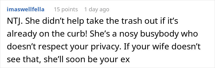 Screenshot of an online discussion about a mother-in-law banned for secretly digging through a couple&rsquo;s trash.