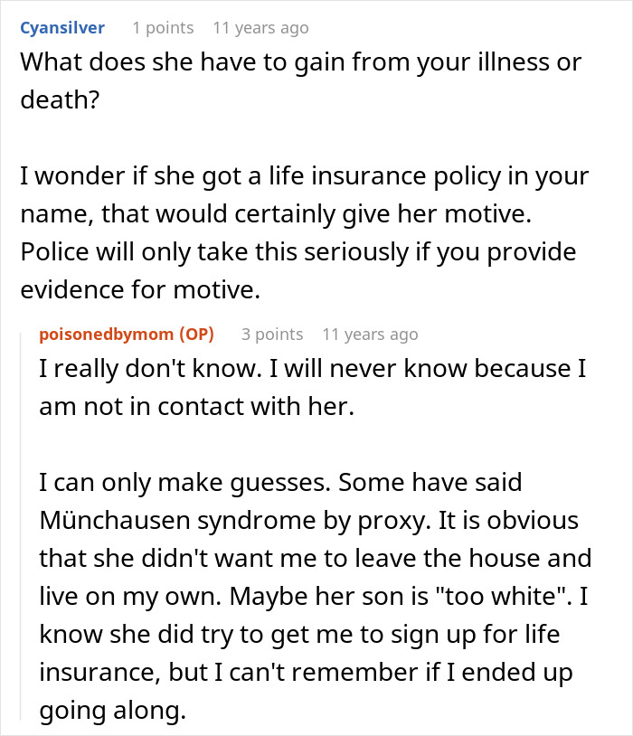 Commenters discussing possible motives and evidence related to the mother poisoned me situation and life insurance claims.