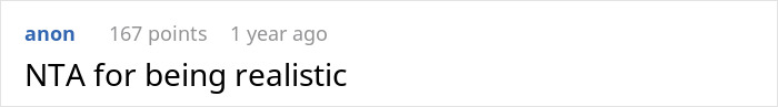 Screenshot of online comment reading NTA for being realistic in a discussion about a woman suggesting obese friend buy 2 seats for comfort on flight.