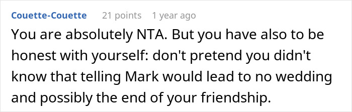 Screenshot of a forum comment discussing a woman revealing a heavy secret to her fianc&eacute; before the wedding.