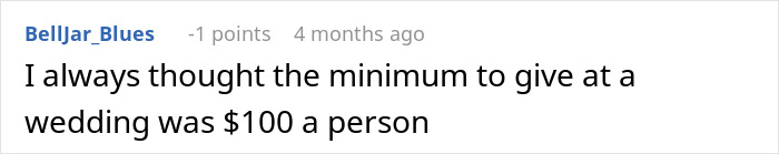 Screenshot of an online comment discussing expectations for wedding gift amounts after cheap wedding shower gifts caused a bride&rsquo;s demand for $200.