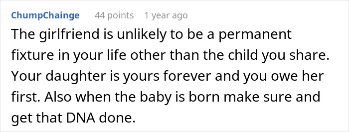 Comment defending a daughter&rsquo;s importance over a fianc&eacute;e, emphasizing DNA testing and lasting parental responsibility.