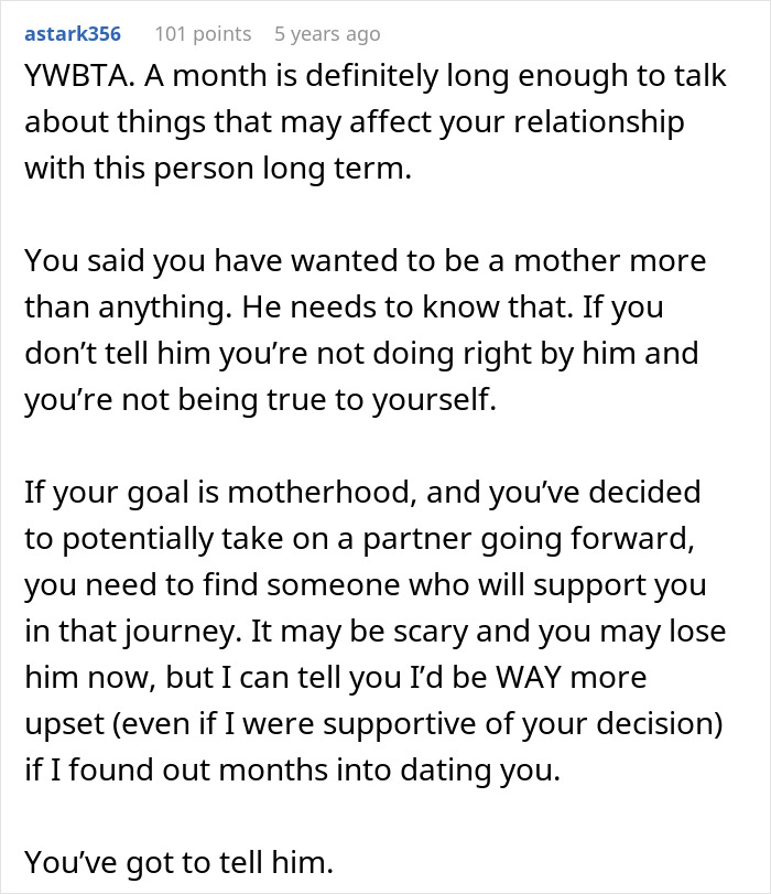 Woman debating hiding artificial insemination plans from date, expressing strong desire for motherhood and honesty.