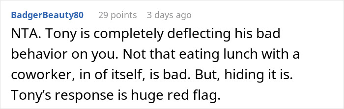 Screenshot of an online forum comment discussing a man worried his wife&rsquo;s petty drama might cost his job.