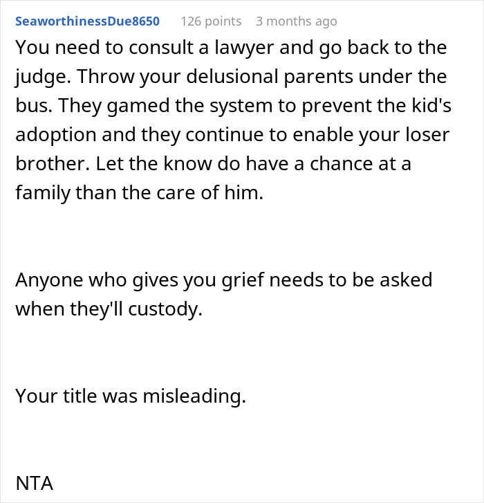 Text comment on social platform discussing legal advice related to single mom abandoning toddler and parents restarting life concerns.