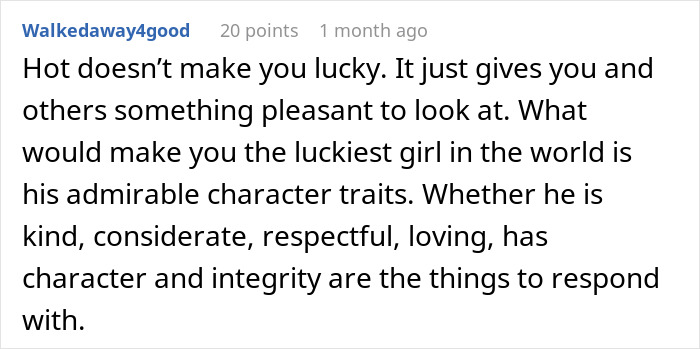 Comment discussing how being lucky in love is about character traits, not looks, relating to model boyfriend being out of league.