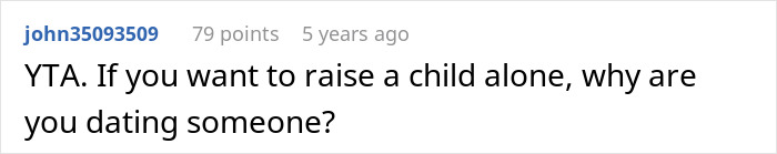 Online forum comment discussing choices about dating and raising a child after artificial insemination plans.