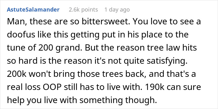 Neighbor cuts down white oak trees without permission, resulting in a $190K settlement and legal compensation.