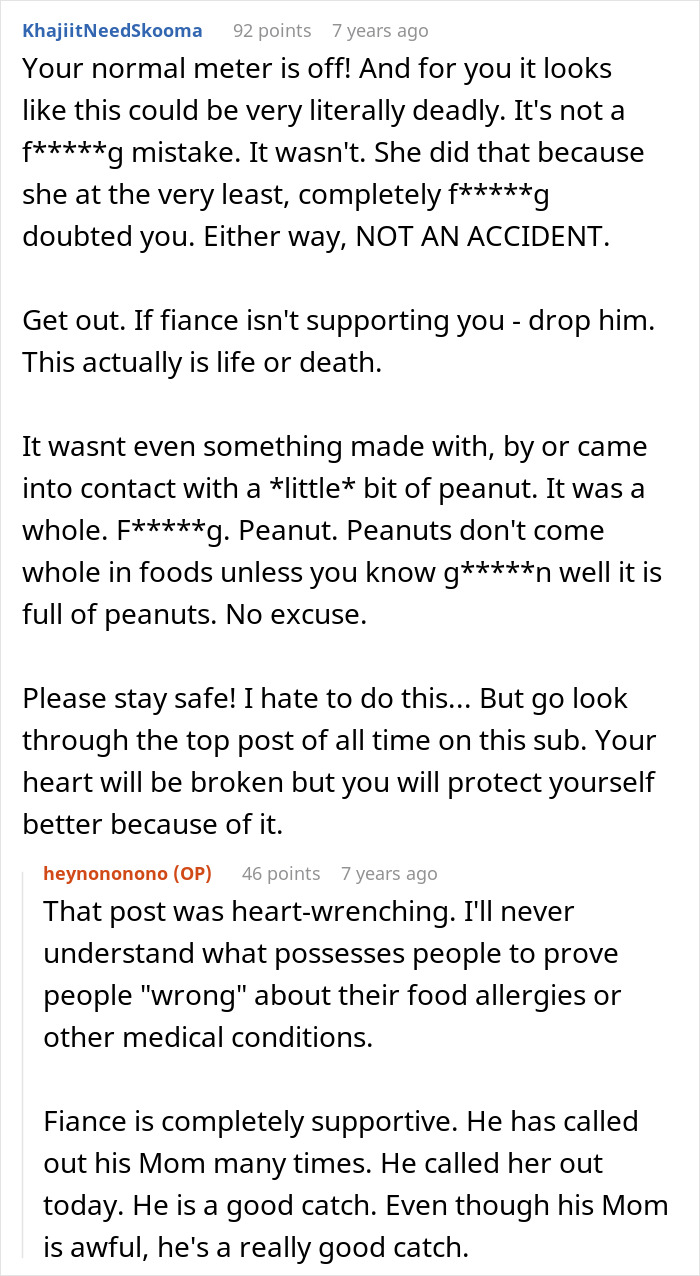 Reddit comments discussing a woman&rsquo;s anaphylactic shock caused by MIL showing zero remorse.