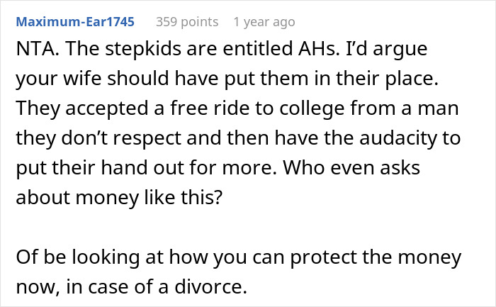 Reddit comment discussing stepkids showing indifference toward stepdad and entitlement to inheritance in family conflict.