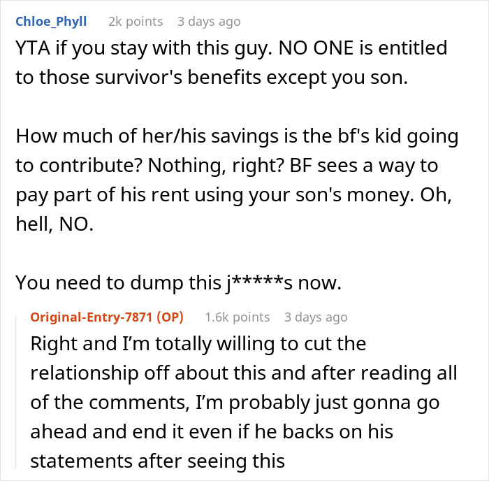 Screenshot of a Reddit thread discussing a boyfriend eyeing son&rsquo;s survivor benefits, causing relationship tension over greed concerns.