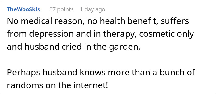 Comment discussing a husband's emotional reaction and opinion on his wife's cosmetic surgery and depression.