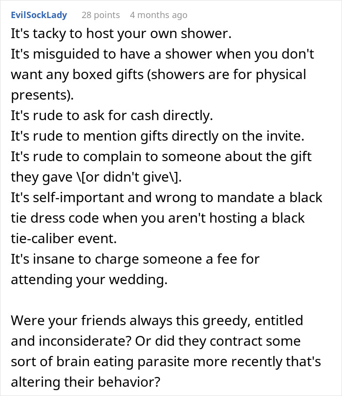 Comment discussing rude behavior after bride demands $200 due to cheap wedding shower gifts sparking controversy.