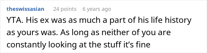 Screenshot of a Reddit comment discussing the hypocrisy of wanting to toss an ex-GF's memory box but keep a late ex-BF's belongings.