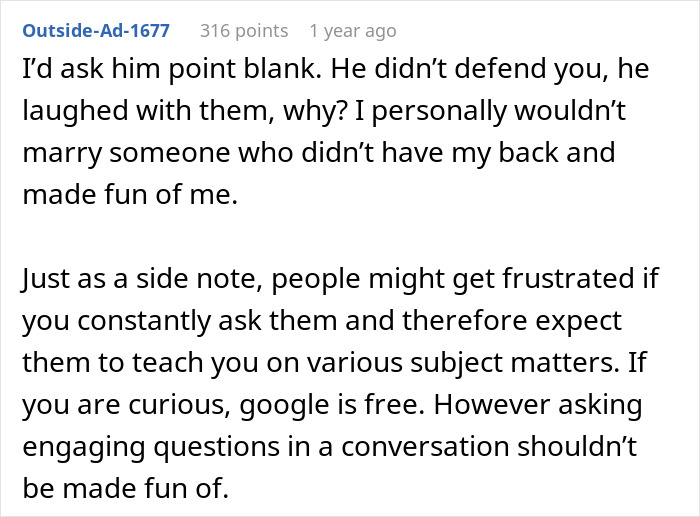 Comment advising future MIL brands bride-to-be as fianc&eacute; laughs, questioning loyalty and respect in relationship.