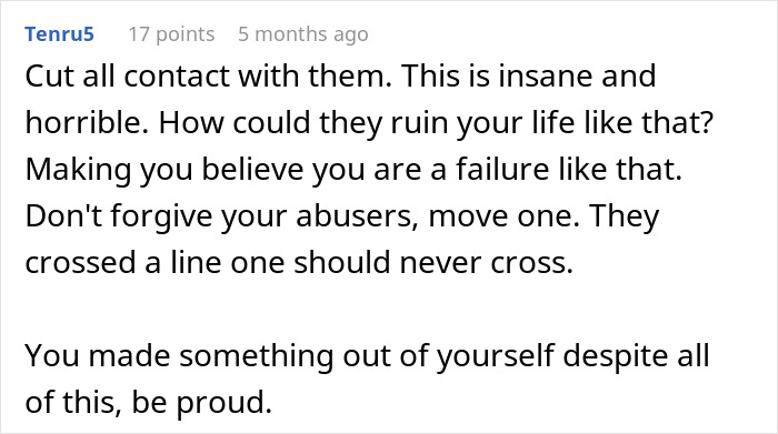 Screenshot of a user comment advising to cut contact with abusers who hid college acceptance letters from least favorite kid.