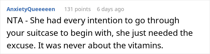 Comment from user AnxietyQueeeeen criticizing suitcase search in a military bikini context with 131 points.