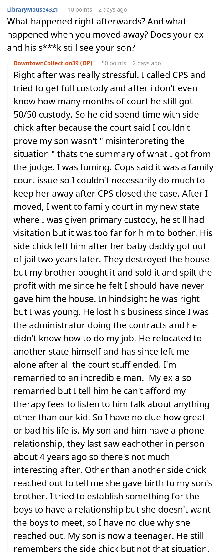 Online discussion about custody battles and relationship conflicts involving lady, affair partner's kid, and family court issues.