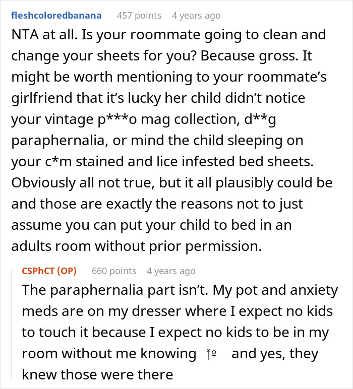 Reddit discussion about roommate conflict after girlfriend's kid sleeps in roommate&rsquo;s bed without permission.