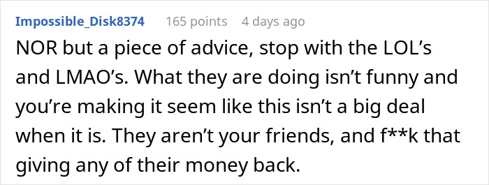 Screenshot of an online comment about a friend group canceling plans and excluding the birthday girl from dinner.